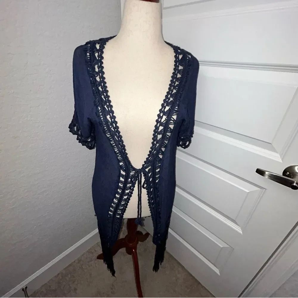 Forgotten Grace Crochet Tie Front Fringe Short Sleeve Cardigan Top